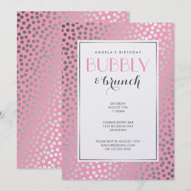 Moderne Confetti Polka Dots Pastel Pink und Silver Einladung (Vorne/Hinten)