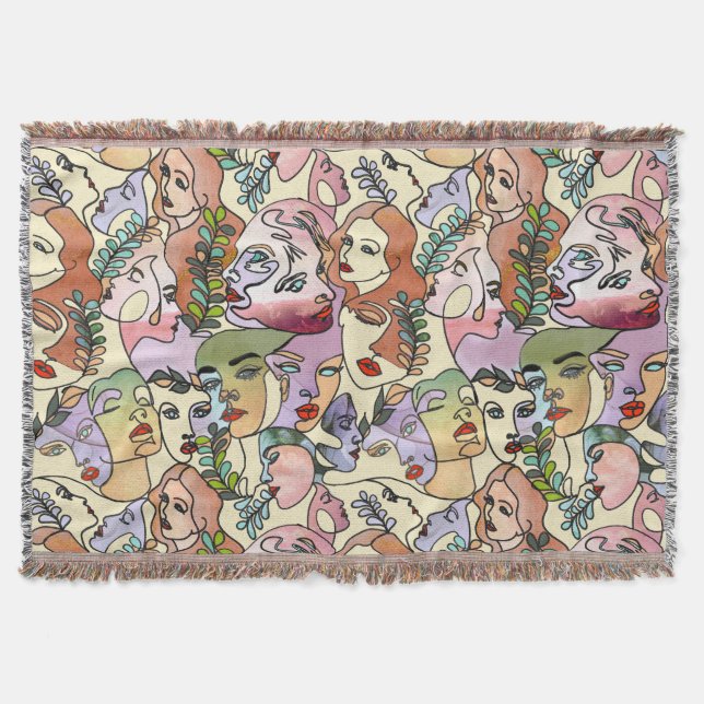 Moderne Contour Line Doodle zeichnend Kunst Decke (Vorderseite)