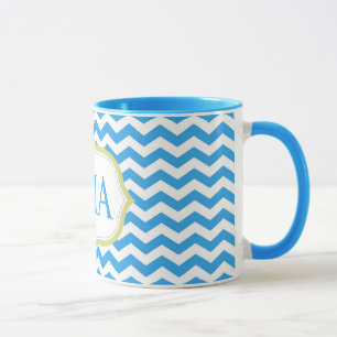 moderne cool-blaue Zickzack Streifen Monogramm-Ini Tasse