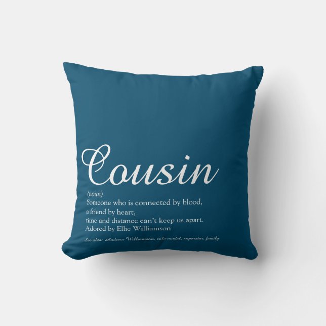 Moderne Coole Blaue Spaß-Schrift Cousin-Definition Kissen (Vorderseite)