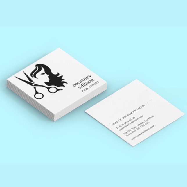 Moderne Coole, einfache Schwarz-weiße Haarstühle Quadratische Visitenkarte (Modern Cool Simple Black White Hair Stylist Square Business Card)