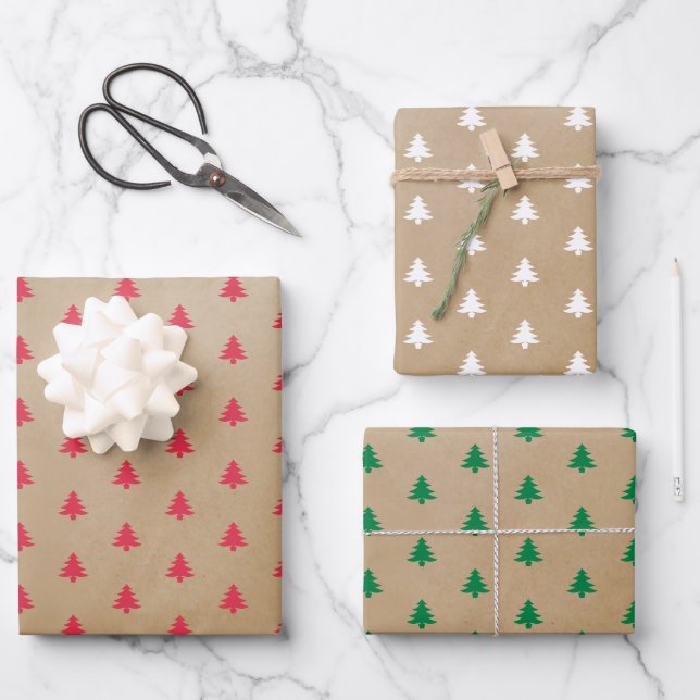 Moderne Coole Kraft-Weiße Grüne Bäume Geschenkpapier Set (Vorderseite)