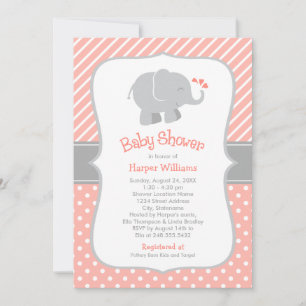 Moderne Coral Elephant Girl Baby Dusche Einladung
