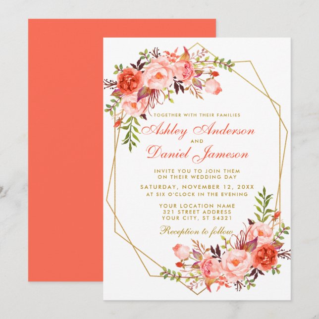 Moderne Coral Floral Gold Geometric Wedding Einladung (Vorne/Hinten)