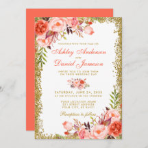 Moderne Coral Floral Gold Glitzer Hochzeit