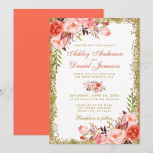 Moderne Coral Floral Gold Glitzer Hochzeit Einladung