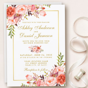 Moderne Coral Floral Gold Wedding W Einladung