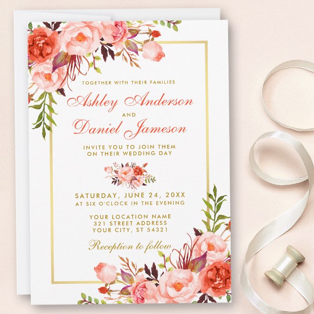 Moderne Coral Floral Wedding Gold W Einladung (Von Creator hochgeladen)