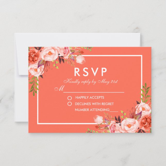 Moderne Coral Floral White UAWG Wedding RSVP Karte (Vorderseite)