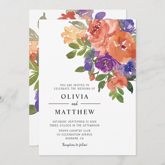 Moderne Coral Lila Watercolor Blumenhochzeit Einladung (Vorne/Hinten)