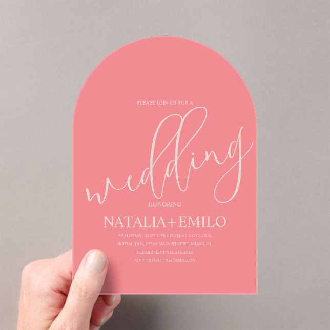 Moderne Coral Mute Script Minimal Hochzeit Acryleinladungen (Insitu (Handheld))
