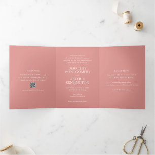 Moderne Coral Pink QR-Code Elegante Hochzeit Dreifach Gefaltete Einladung