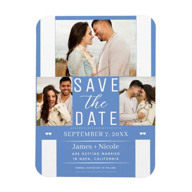 Moderne Cornflower Save the Date 3 Foto Hochzeit Magnet (Vertikal)