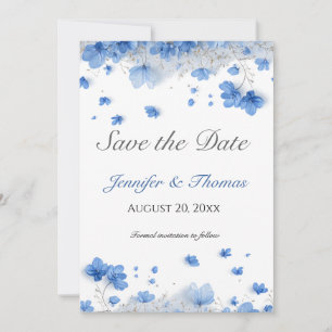 Moderne Cottagecore- Blaue Wildblumen-Hochzeit Save The Date