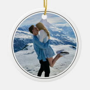 Moderne Couple Engagement Foto Erstes Weihnachten Keramik Ornament