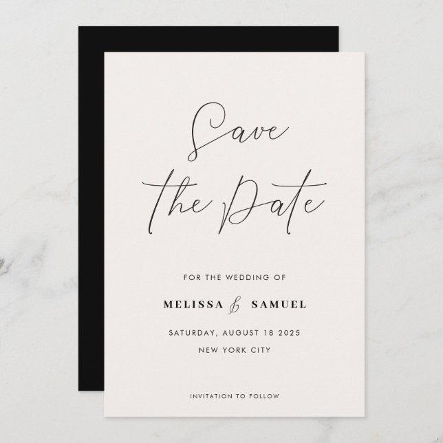 Moderne Cream Black handgeschriebene SkriptWedding Save The Date (Vorne/Hinten)