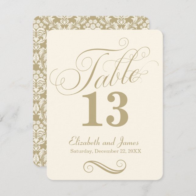 Moderne Cream Gold Script-Hochzeitsskripte-Tischnu Einladung (Vorne/Hinten)