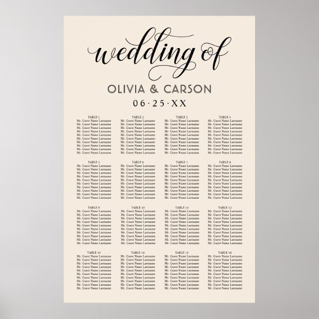 Moderne Cream- und Black Script-Hochzeitssitze Poster (Vorne)