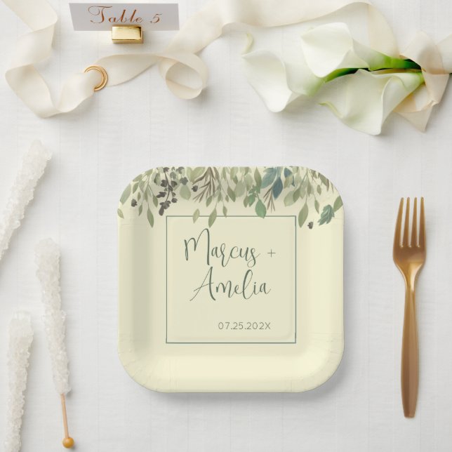 Moderne Creme & Eukalyptus Wedding Pappteller (Hochzeit)