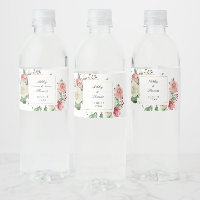 Moderne Creme Rose Blumenwasser Hochzeit Wasserflaschenetikett (Flaschen)