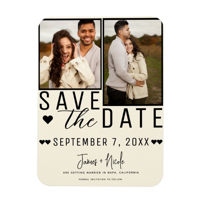Moderne Creme Save the Date 2 Foto Hochzeit Magnet (Vertikal)