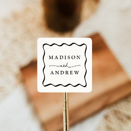 Moderne Creme- und Black Wavy-Rahmen-Hochzeit Quadratischer Aufkleber