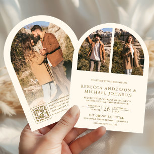 Moderne Creme- und Goldbogen-Hochzeit mit QR-Code Einladung