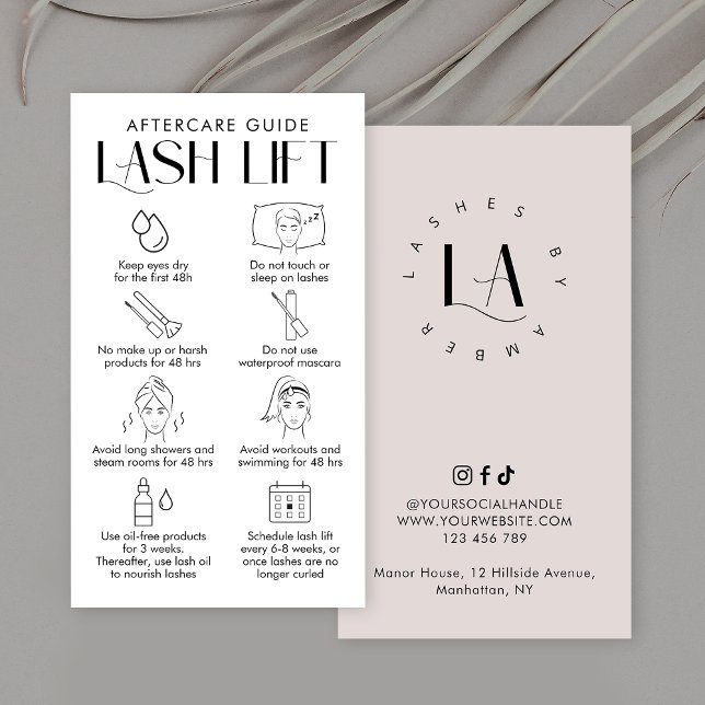 Moderne Creme & White Elegante Lash Lift Aftercare Visitenkarte (Elegant Lash Lift & Tint care instructions cards with space for your salon logo)