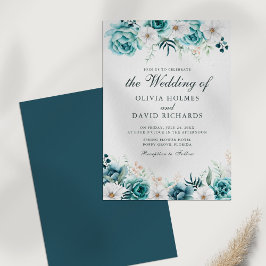 Moderne, cremefarbene Aquamarine Blumenhochzeit Einladung
