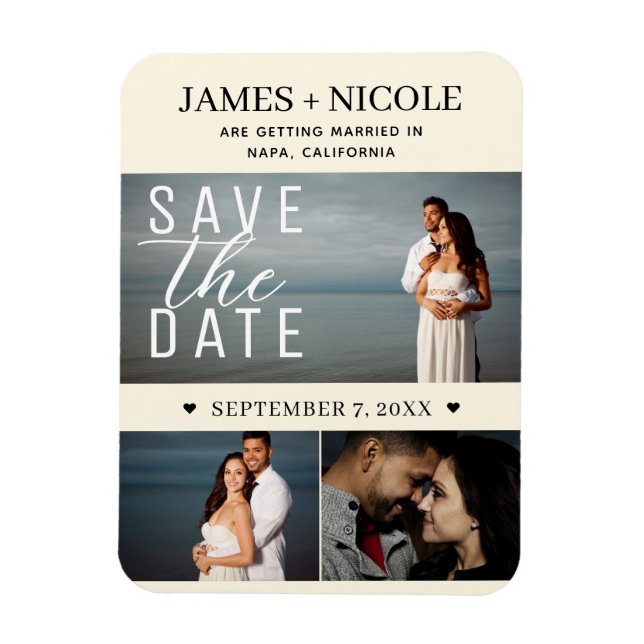 Moderne Cremfarbe Save the Date Hochzeit 3 Fotos Magnet (Vertikal)