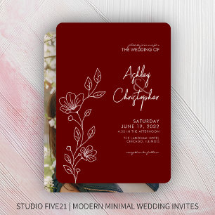 Moderne Crimson Red Foliage Kontur Foto Hochzeit Einladung