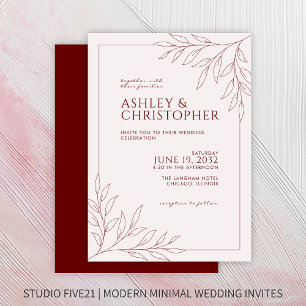 Moderne Crimson Red Foliage Kontur Hochzeit Einladung