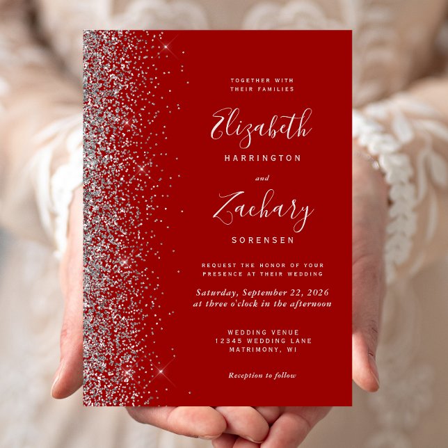 Moderne Crimson Red Silver Glitzer Edge Wedding Einladung (Von Creator hochgeladen)