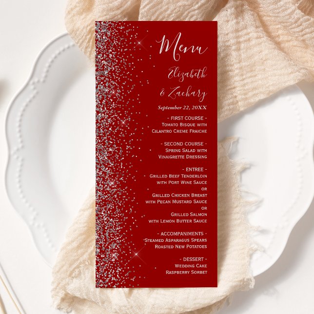 Moderne Crimson Red Silver Glitzer Edge Wedding Menükarte (Von Creator hochgeladen)