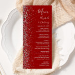 Moderne Crimson Red Silver Glitzer Edge Wedding Menükarte<br><div class="desc">Die links Seite dieses eleganten,  modernen Hochzeitsmenüs besticht durch ein silbernes Imitat-Glitzer-Design. Der anpassbare Text kombiniert silbergraue Handschrift,  Kupferplatte und kursiv Schriftart auf einem geröteten Hintergrund. Die Rückseite weist ein passendes Rot-Silber-Glitzer-Design auf.</div>