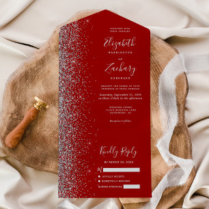Moderne Crimson Red Silver Glitzer Hochzeit All In One Einladung