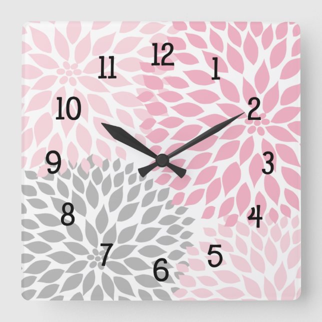 Moderne Dahlia-Blume rosa und grau Quadratische Wanduhr (Vorderseite)