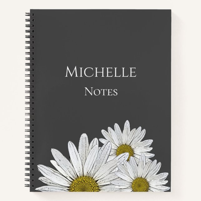 Moderne Daisies florales botanisches Grau Notizbuch (Vorderseite)