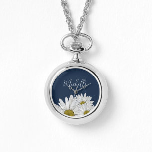 Moderne Daisies Navy Blue Floral Botanical Armbanduhr