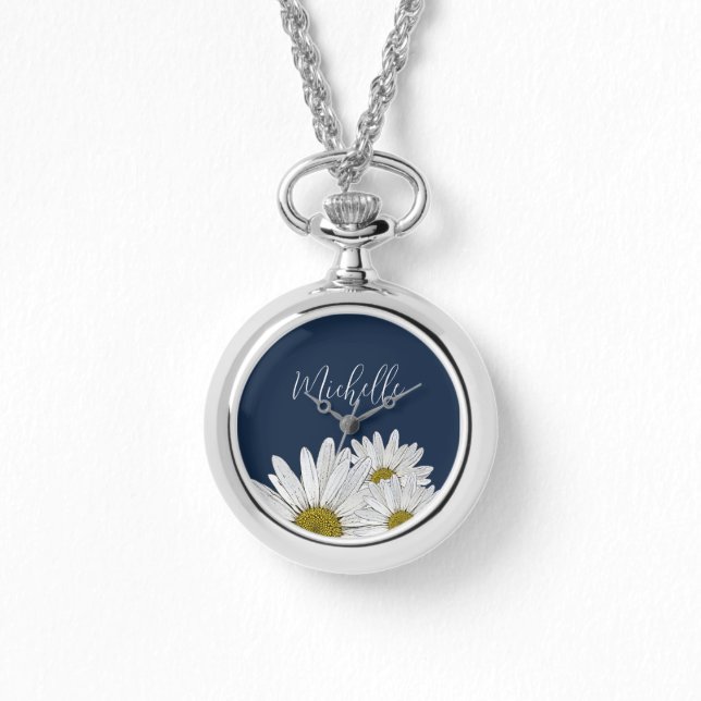 Moderne Daisies Navy Blue Floral Botanical Armbanduhr (Vorderseite)