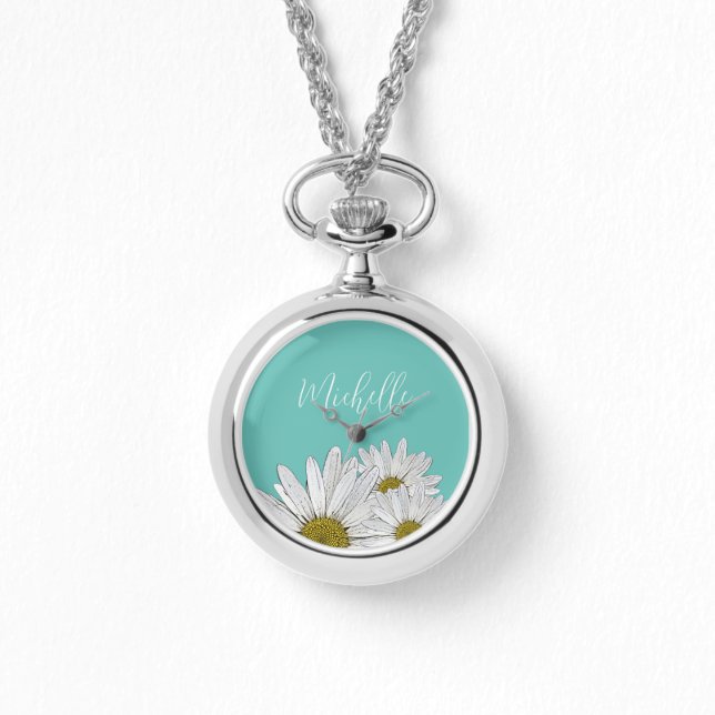Moderne Daisies Trendy Aquamarin floral Botanical Armbanduhr (Vorderseite)