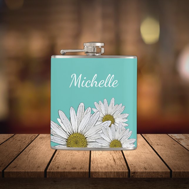 Moderne Daisies Trendy Aquamarin Green Botanical Flachmann (Von Creator hochgeladen)