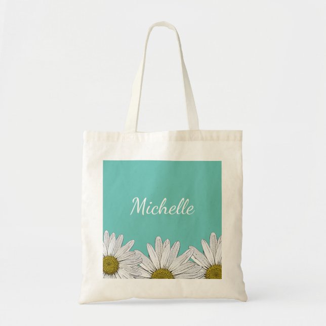 Moderne Daisies Trendy Aquamarin Green Floral Tragetasche (Vorne)