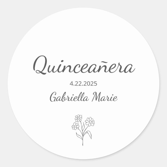 Moderne Daisy Quinceañera Elegant Gray Typografy Runder Aufkleber (Vorderseite)