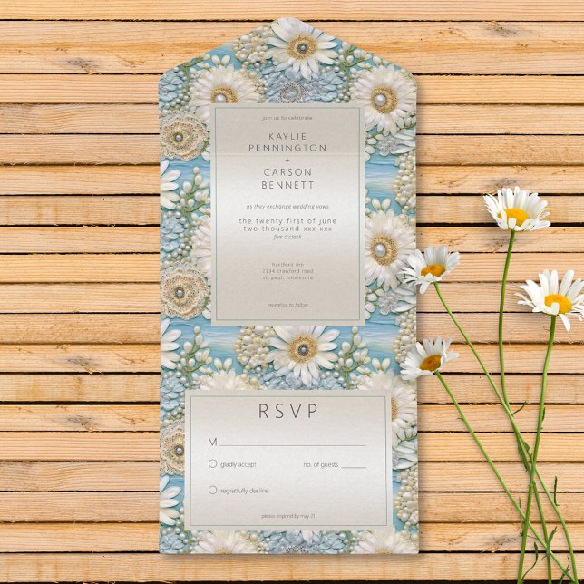 Moderne Daisy Satin & Pearls Unterkunft Kein Abend All In One Einladung (Modern Daisy Satin & Pearls Relief No Dinner All In One Invitation)