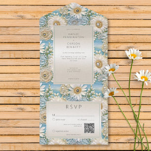 Moderne Daisy Satin & Perlen Relief QR Code All In One Einladung