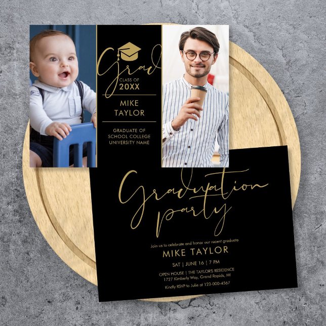 Moderne damals und heute 2 Foto Graduierungspartei Einladung (Modern Then And Now 2 Photo Graduation Party Invitation)