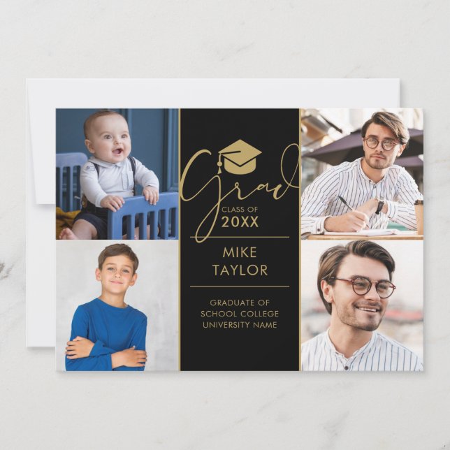 Moderne damals und heute 4-Foto-Graduierungspartei Einladung (Vorderseite)