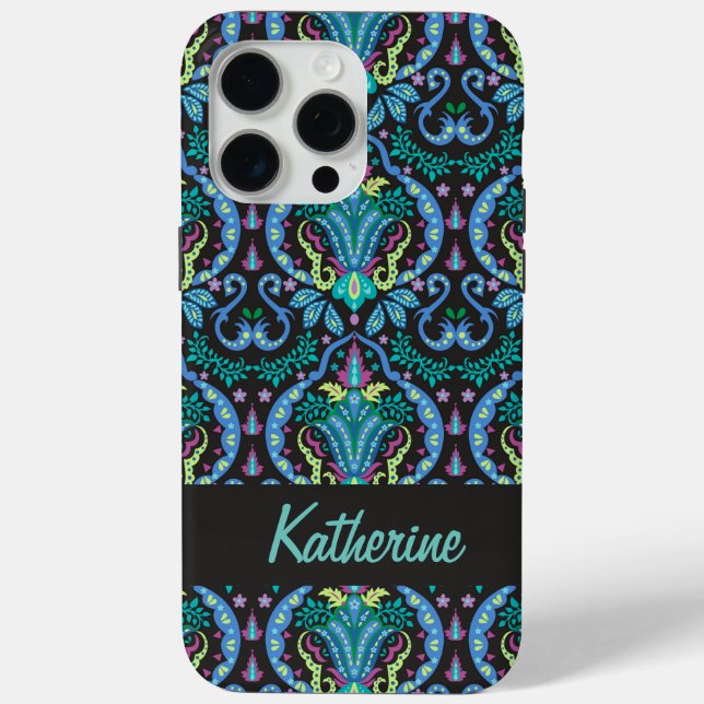 Moderne Damask Art Deco Schwarz Türkis Blauer Name Case-Mate iPhone Hülle (Rückseite)