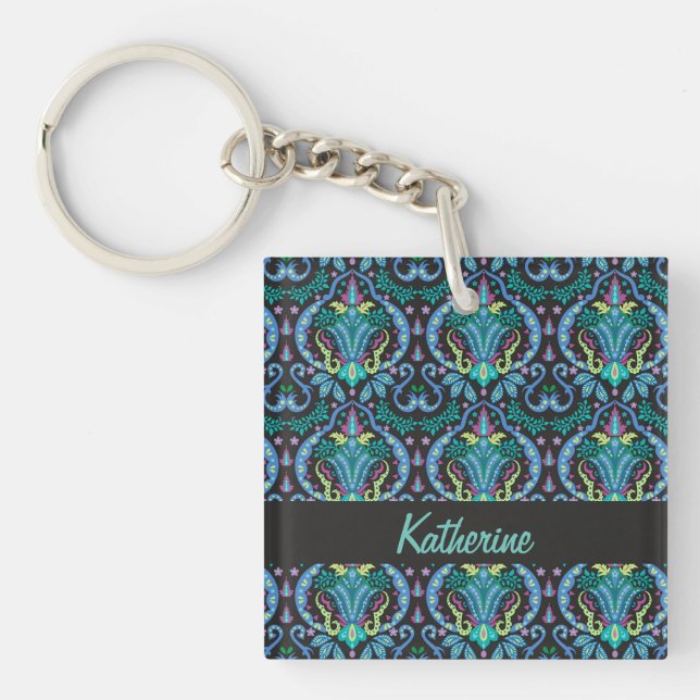 Moderne Damask Art Deco Schwarz Türkis Blauer Name Schlüsselanhänger (Vorderseite)